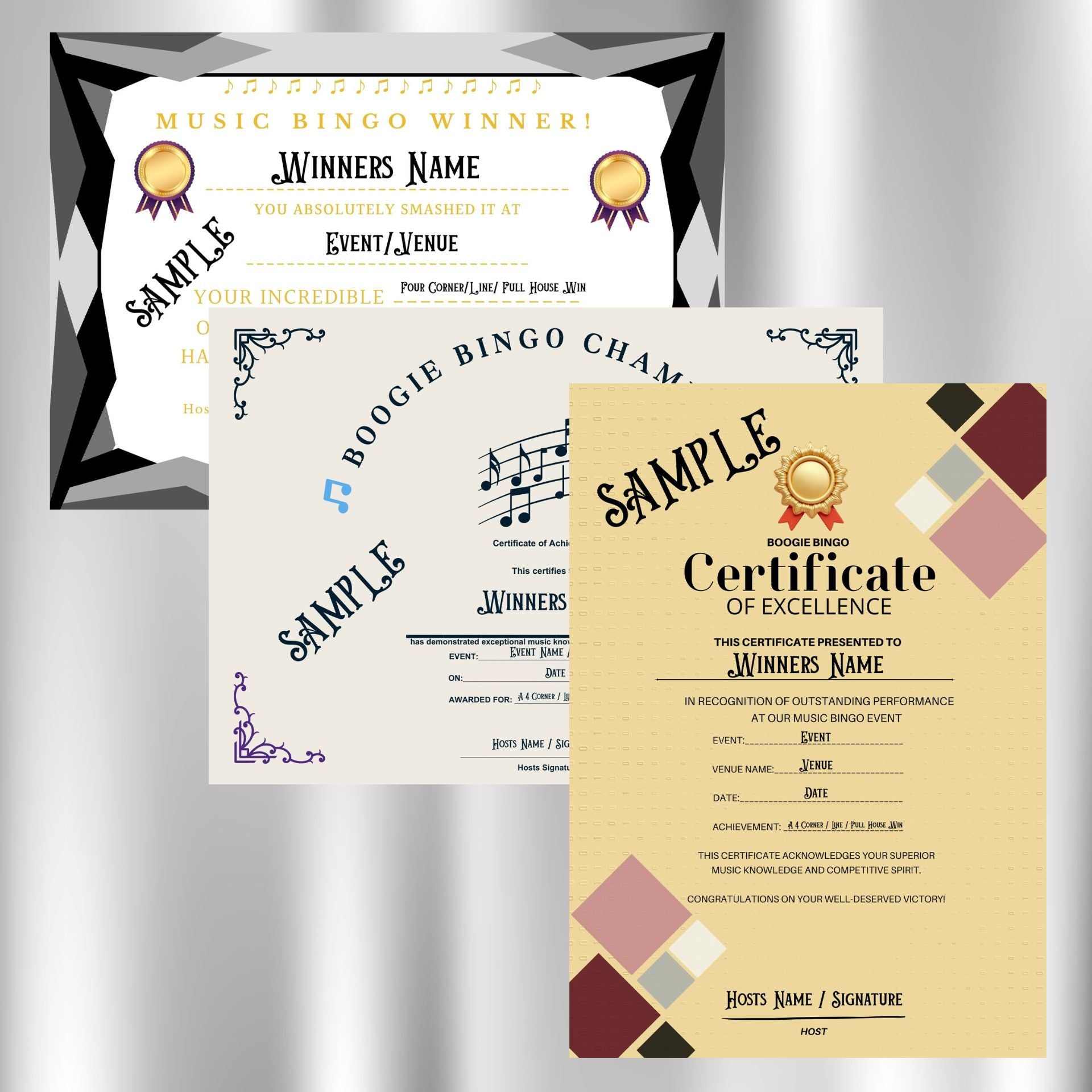 Music Bingo Awards - Winner Certificates - 12 Certificates - 3 Designs - 4 Colour Options
