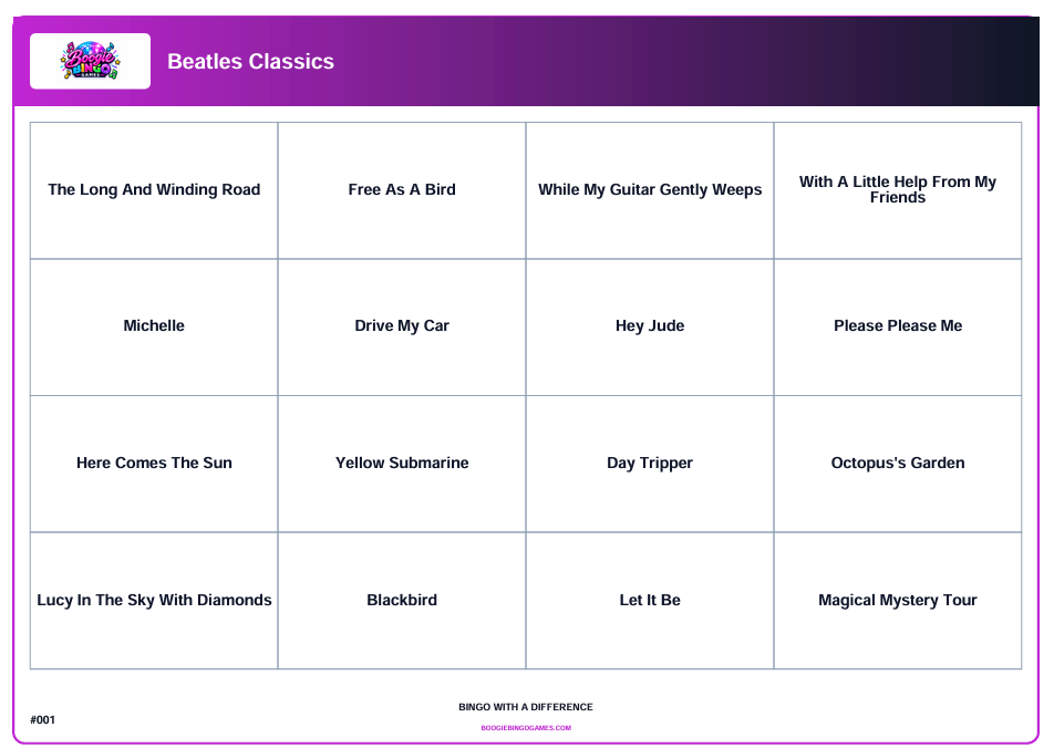 Beatles Classics Sample Music Bingo Ticket