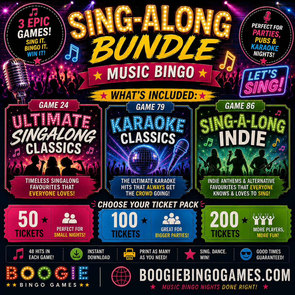 Three music bingo games bundle with karaoke classics, indie hits and timeless singalong anthems. 50, 100 and 200 ticket options