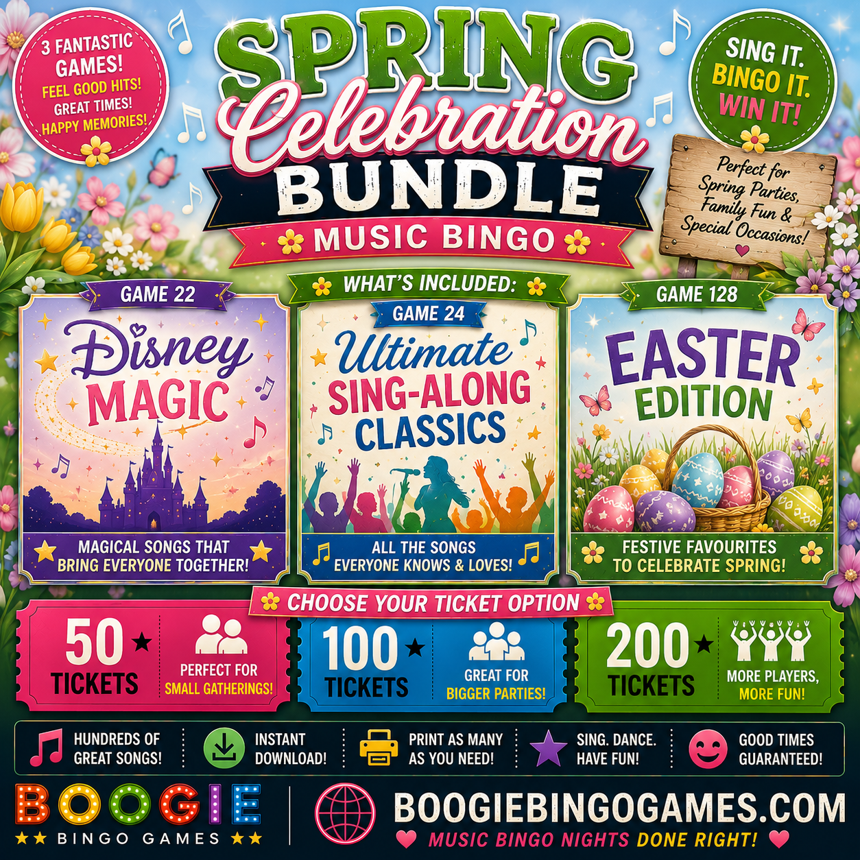 Spring Celebration Family Music Bingo Bundle - 50, 100 and 200 Ticket Options