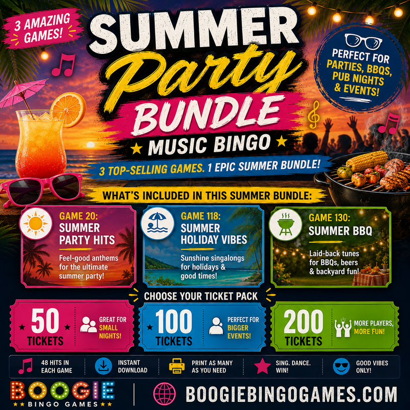 Summer Party Bundle Music Bingo -  Great Games - 50, 100 and 200 Ticket Options