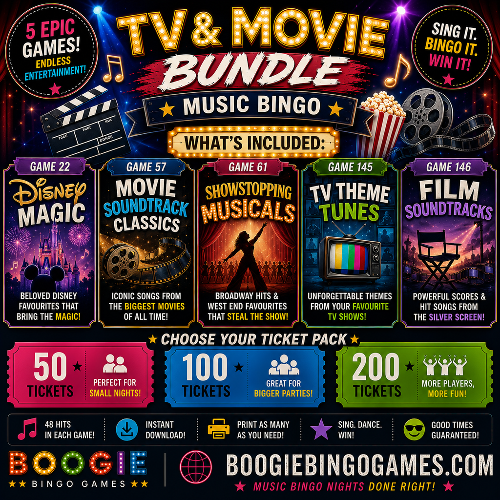 TV & Movie Music Bingo Bundle - 5 Games Available In 50, 100 and 200 Ticket Options