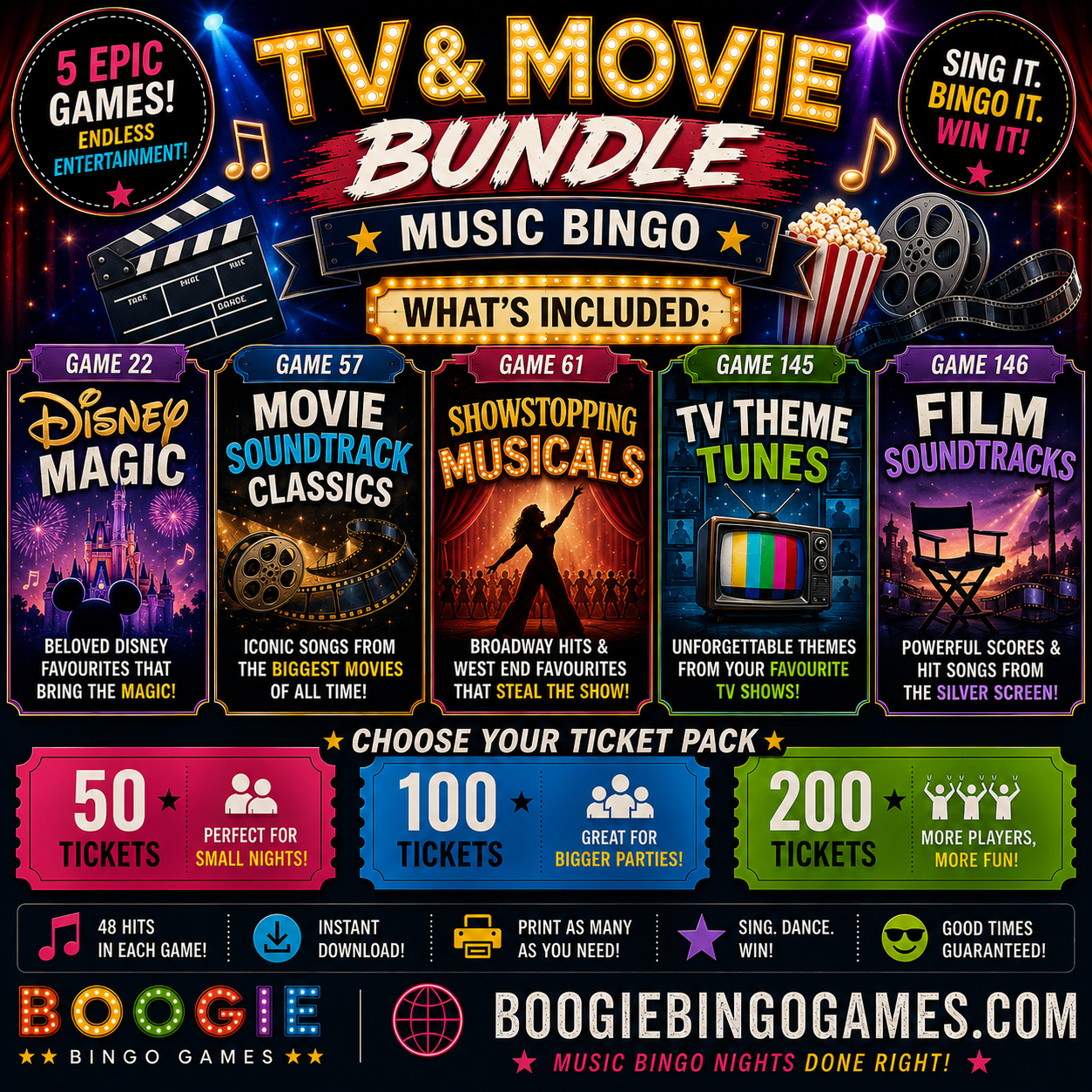 TV & Movie Music Bingo Bundle - 5 Games Available In 50, 100 and 200 Ticket Options
