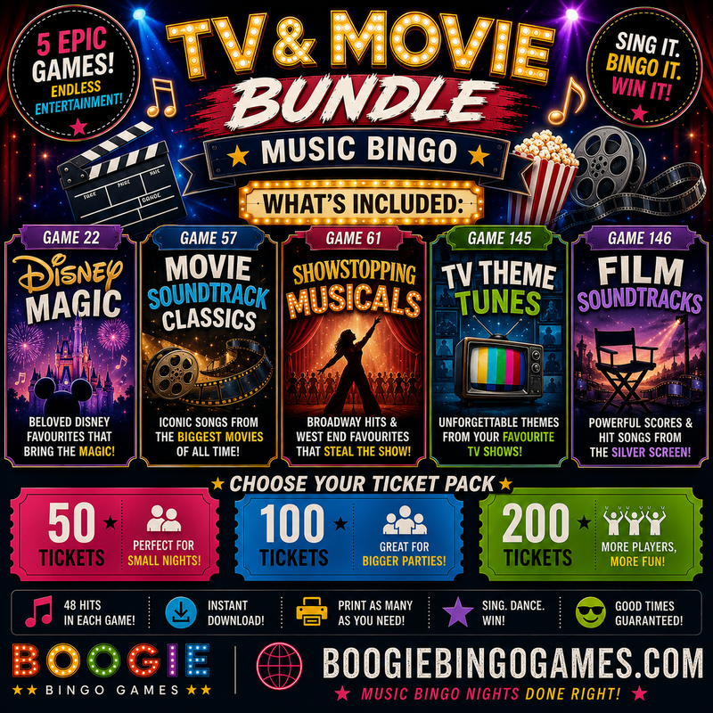 TV & Movie Music Bingo Bundle - 5 Games Available In 50, 100 and 200 Ticket Options