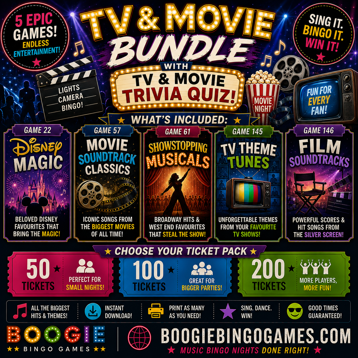 TV & Movie Music Bingo Bundle - 5 Games Available In 50, 100 and 200 Ticket Options - Include TV and Movie Trivia Quiz