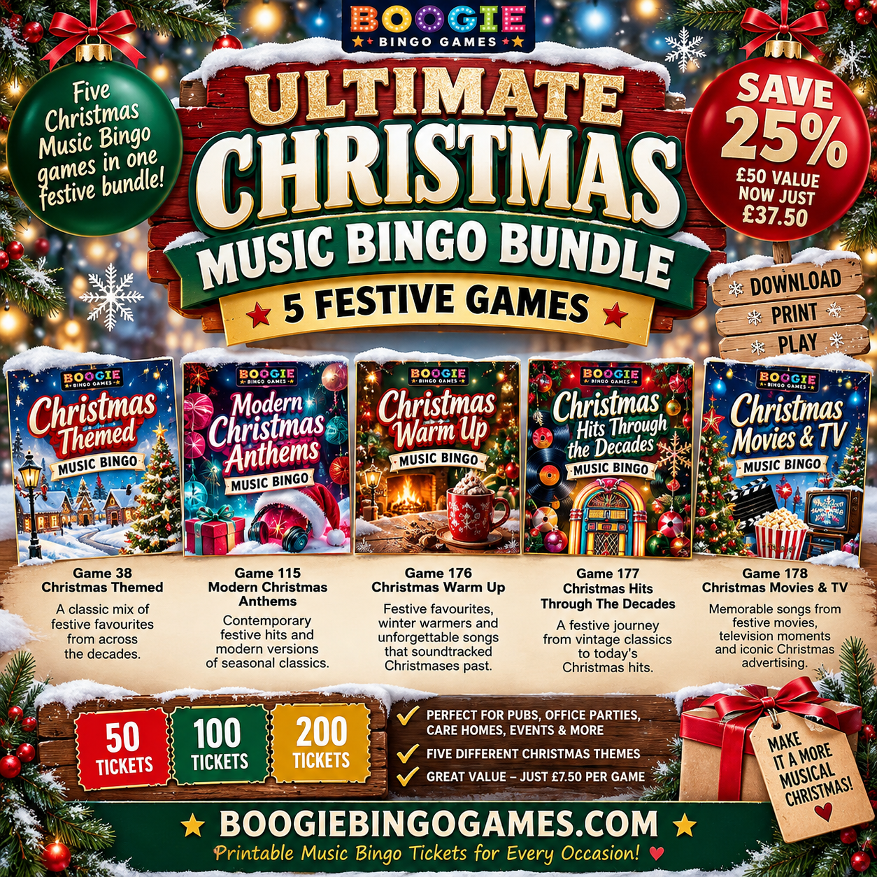 Ultimate Christmas Music Bingo Bundle Available in 50, 100 and 200 Ticket Options