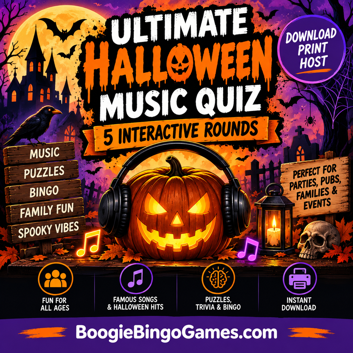 Ultimate Halloween Music Quiz with 5 interactive rounds – printable Halloween party quiz