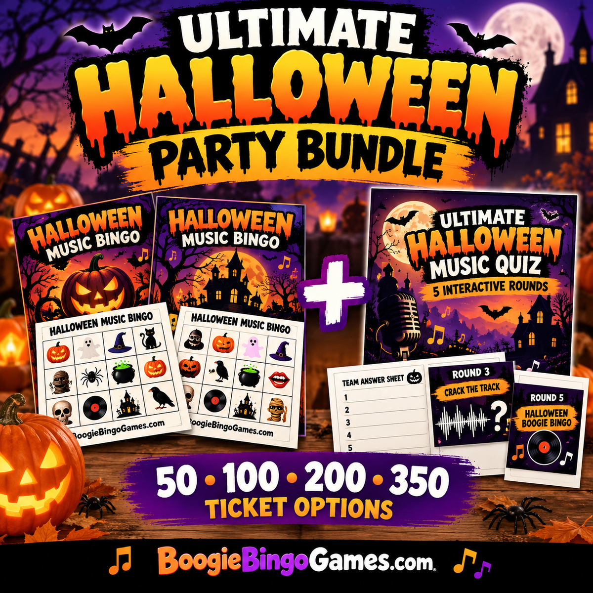 Ultimate Halloween Party Bundle with two Music Bingo games and five-round Halloween Music Quiz
