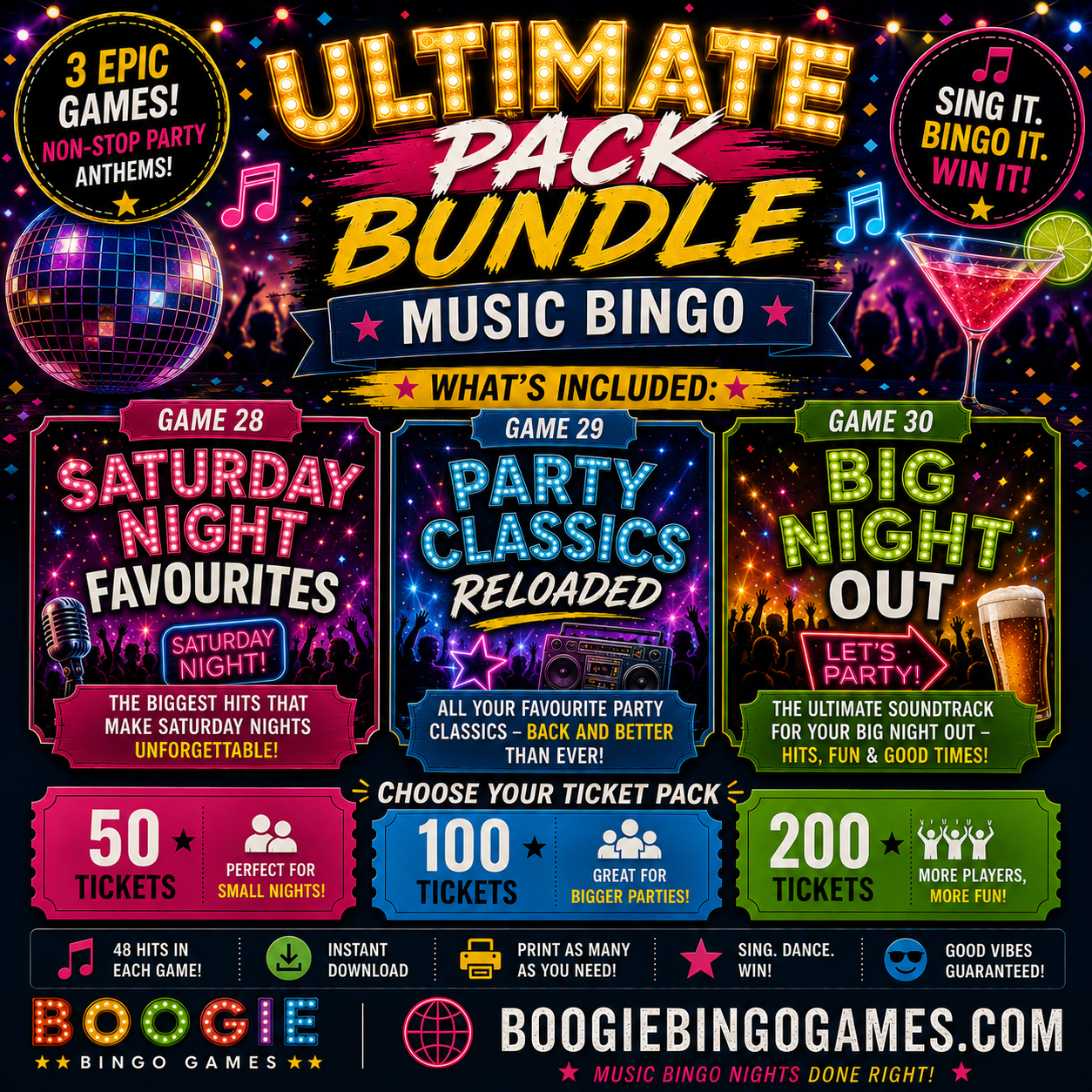 Ultimate Pack Bundle Music Bingo - Games 28, 29 and 30 printable party games. 50, 100 and 200 ticket options