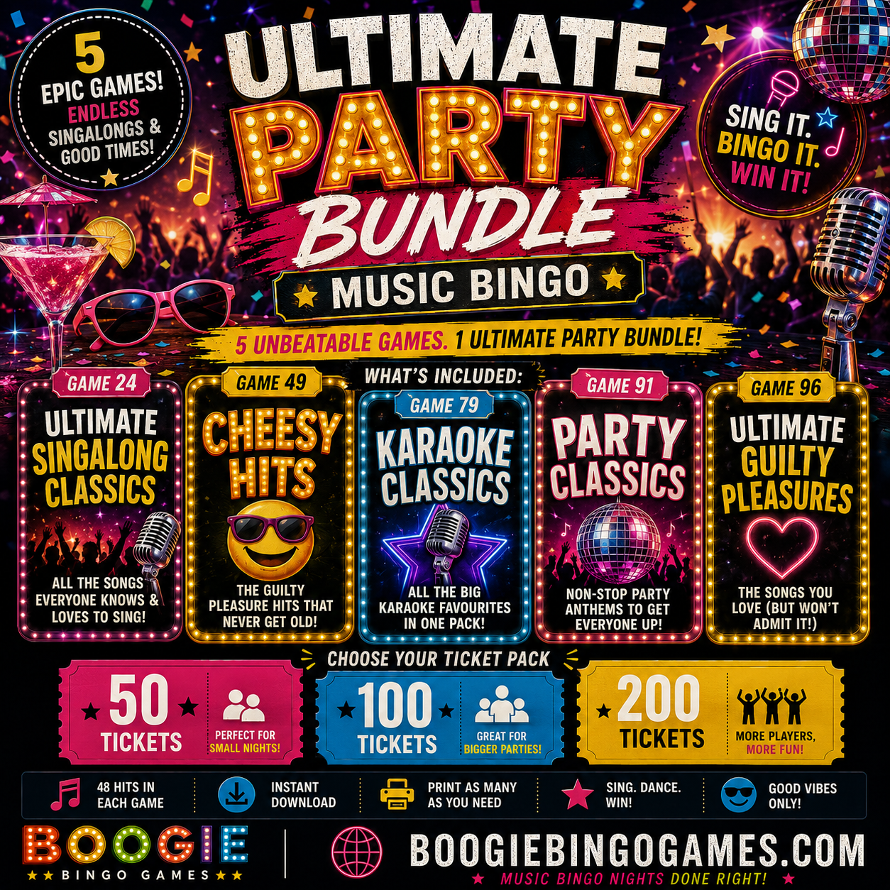 Ultimate Party Bundle Music Bingo - 5 Great Games - 50, 100 and  200 Ticket Options