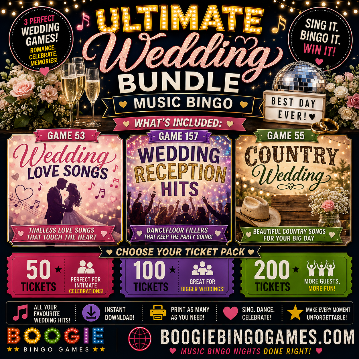 Ultimate Wedding Bundle Music Bingo - 50, 100 and 200 Printable Ticket Options