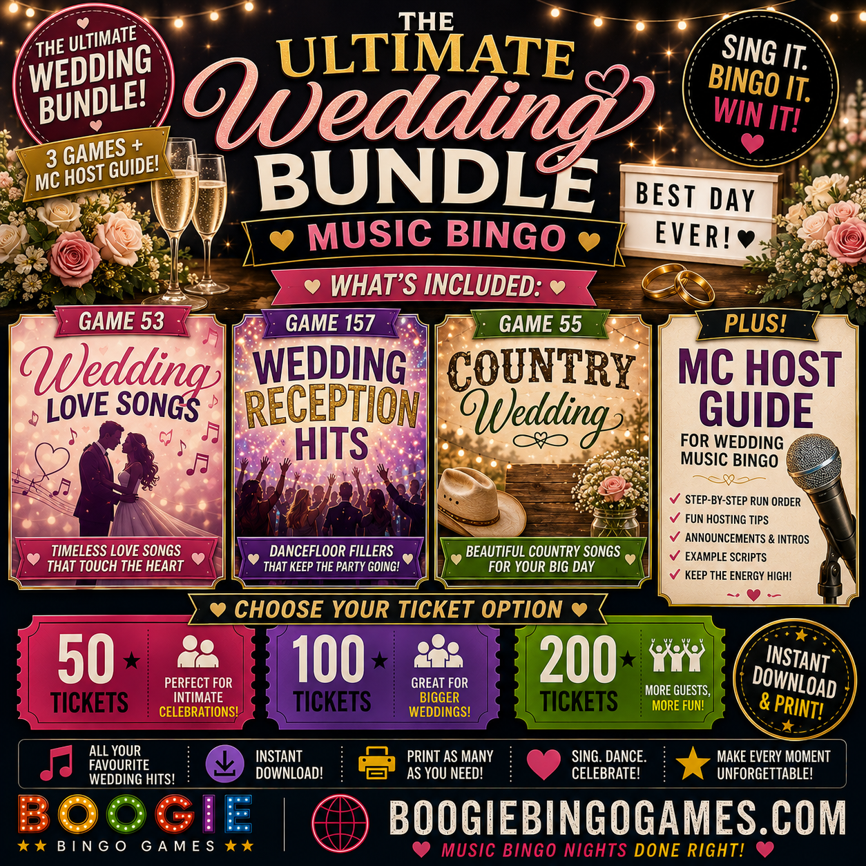 Ultimate Wedding Bundle Music Bingo - 50, 100 and 200 Printable Ticket Options - Includes MC Host Guide