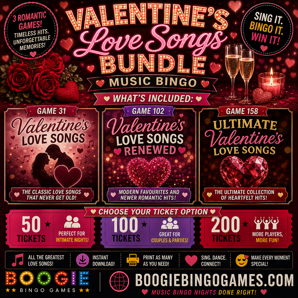 Ultimate Valentine's Day Music Bingo printable tickets - romantic love songs party game. 50, 100 and 200 ticket options.