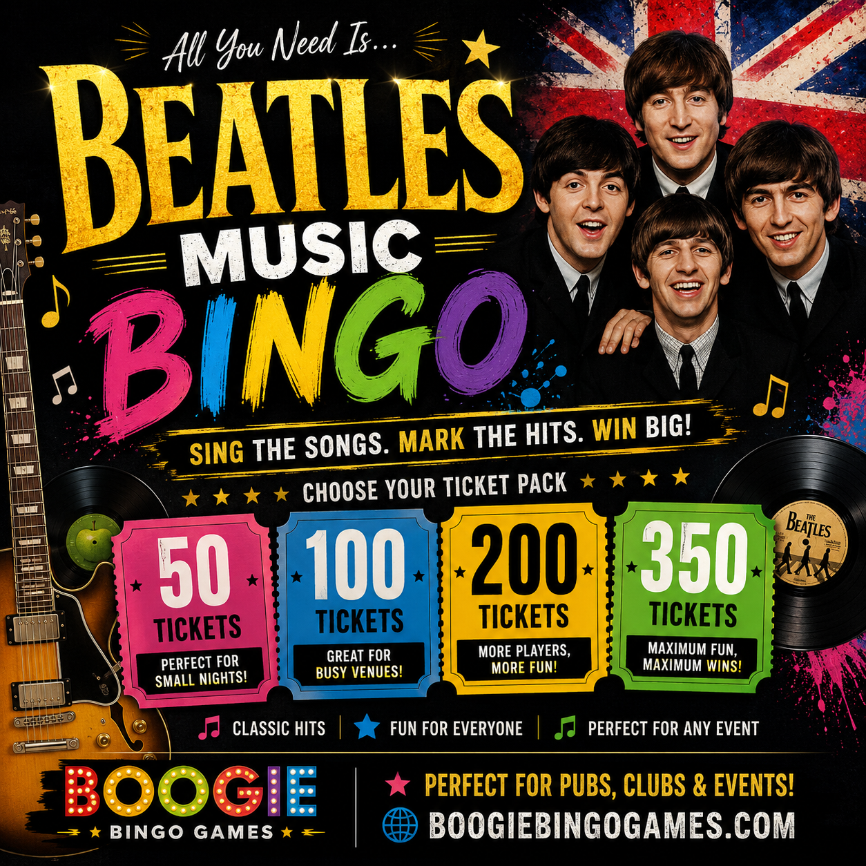Game 149 | Beatles Classics | Boogie Bingo | Printable Music Bingo Tickets