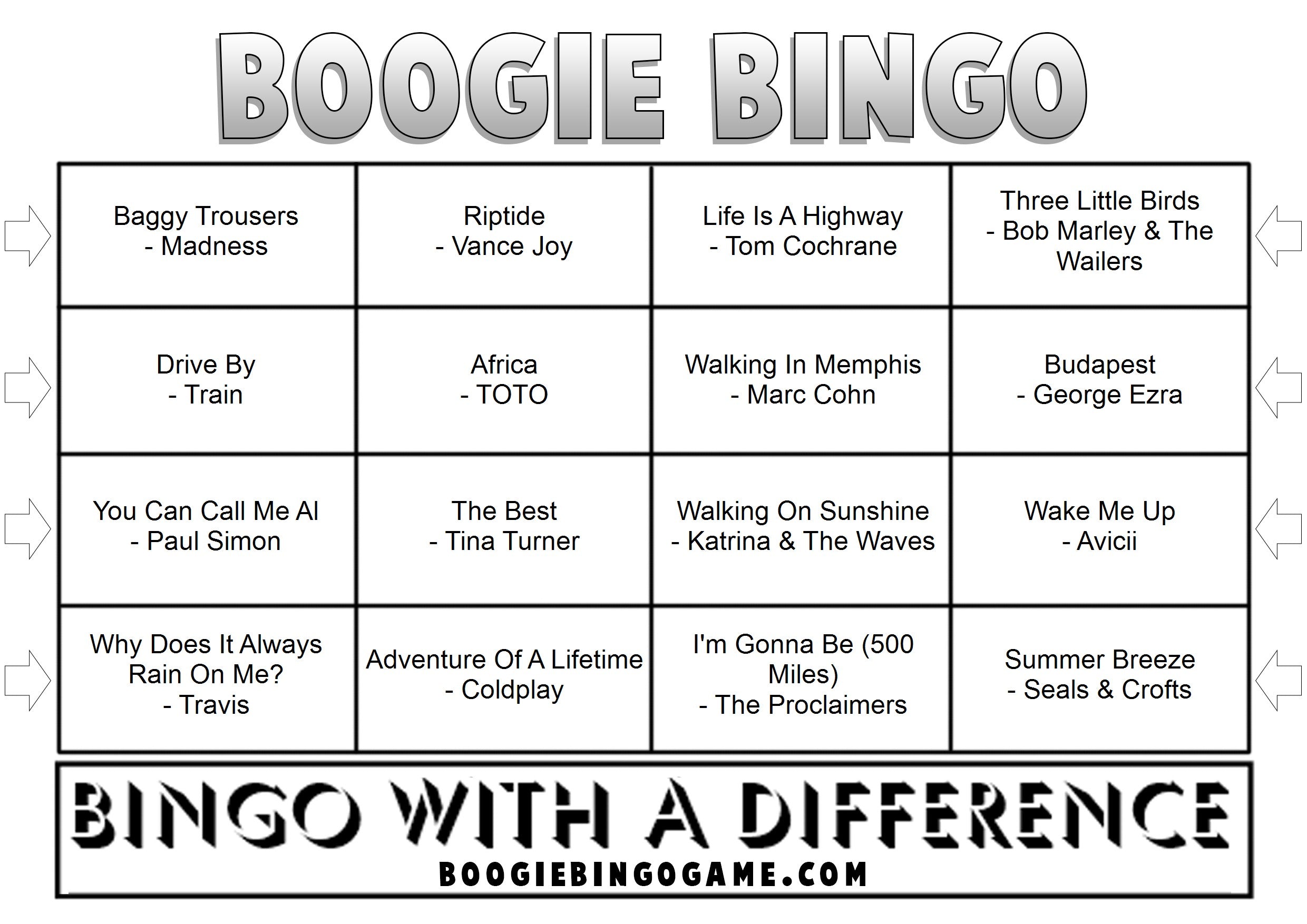 Road Trip Anthems - Sample Music Bingo Ticket