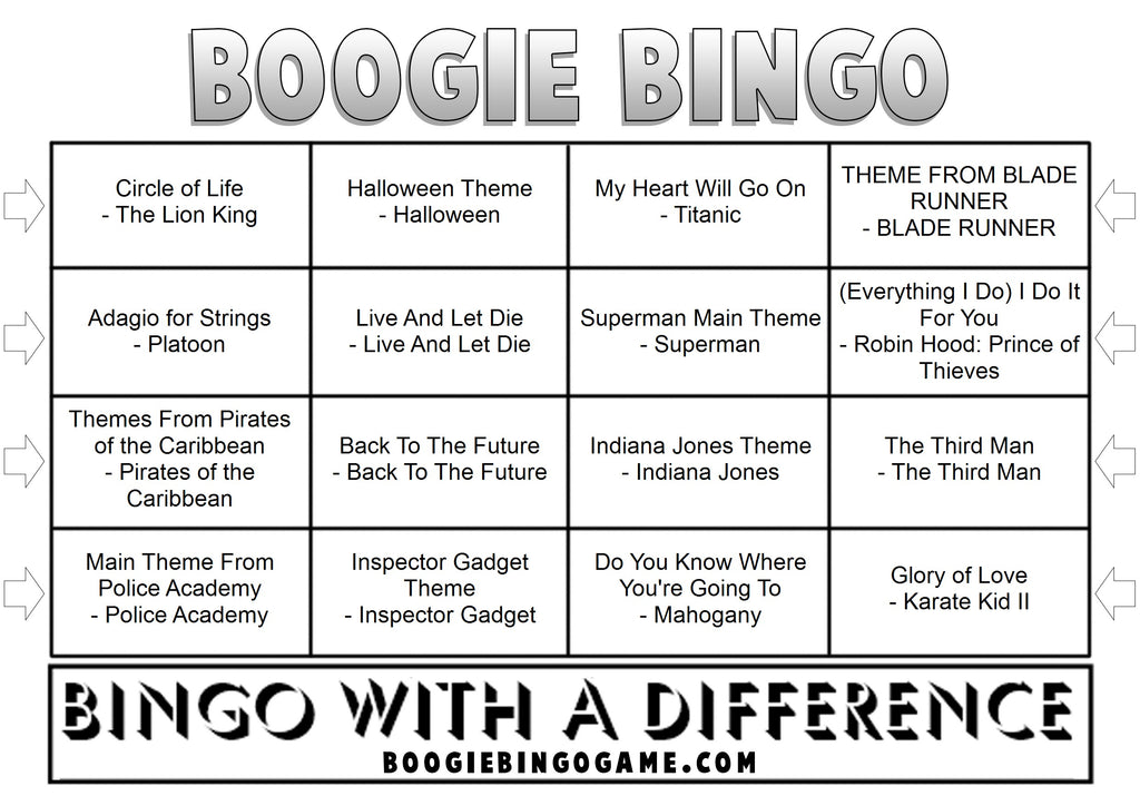 Game 146 | Film Soundtracks | Boogie Bingo | Printable Music Bingo Tickets