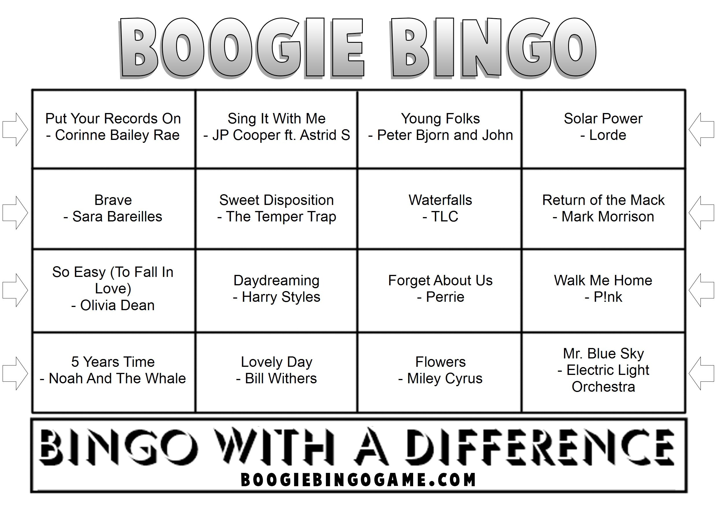 Summer Anthems Music Bngo Game - Sample Ticket of Summer Vibe Songs