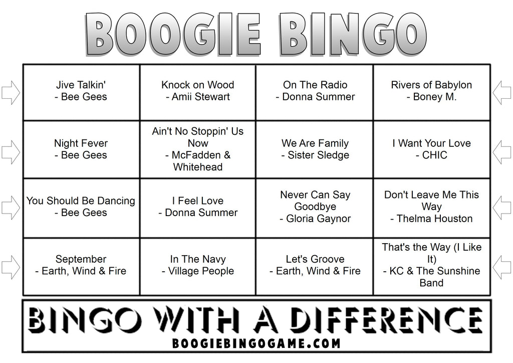 Printable 70s disco music bingo cards with 48 classic hits including Bee Gees and Donna Summer