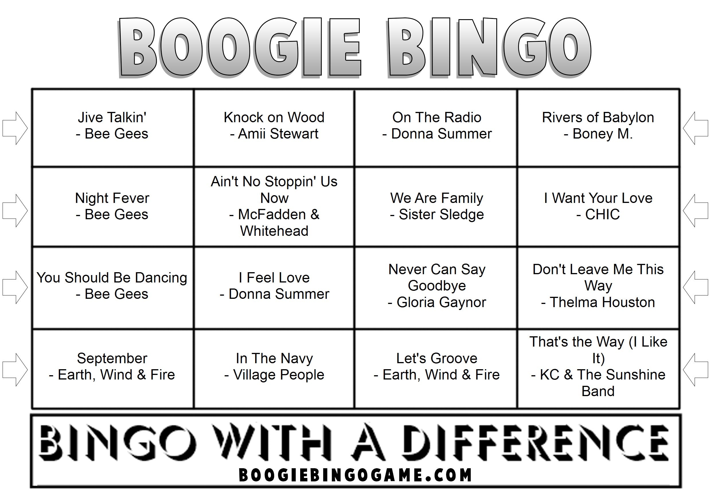 Printable 70s disco music bingo cards with 48 classic hits including Bee Gees and Donna Summer