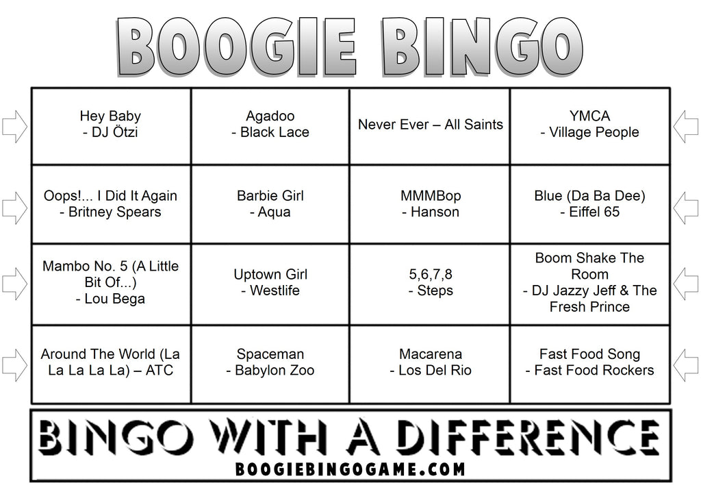 Game 171  School Disco Classics Sample Music Bingo Ticket