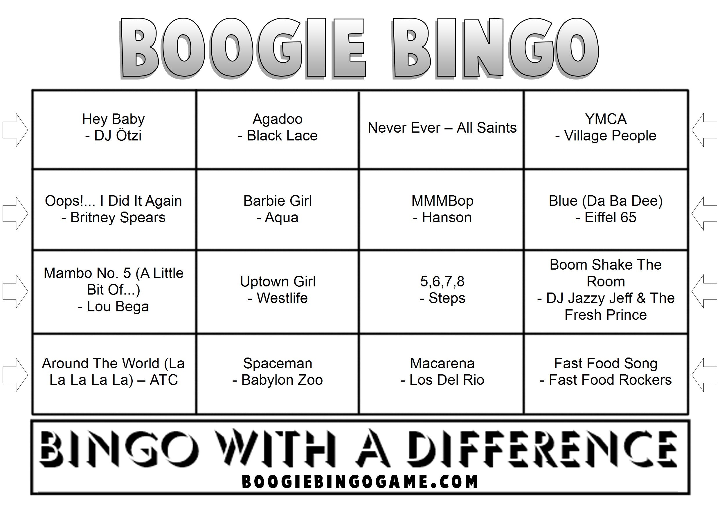 Game 171  School Disco Classics Sample Music Bingo Ticket