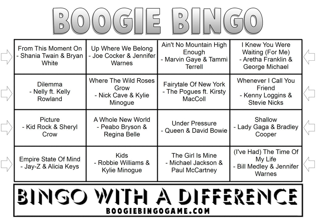 Ultimate Karaoke Duets Sample Music Bingo Ticket