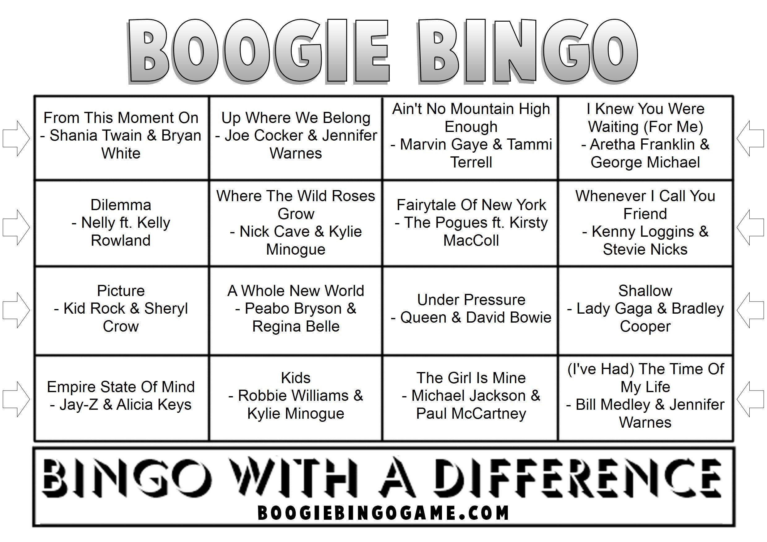 Ultimate Karaoke Duets Sample Music Bingo Ticket
