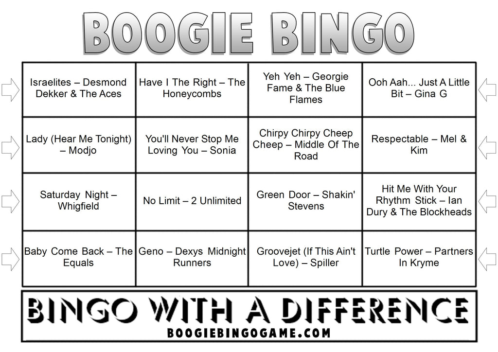 Forgotten Number Ones Sample Music Bingo Ticket