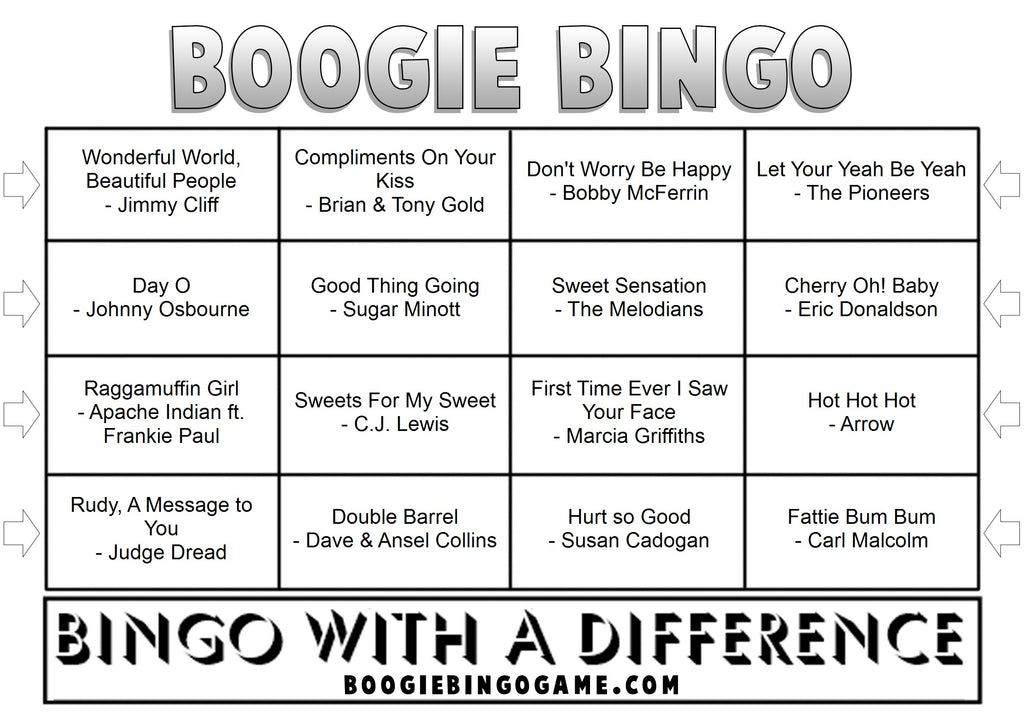 Game 132 | Reggae Hits | Boogie Bingo | Printable Music Bingo Tickets