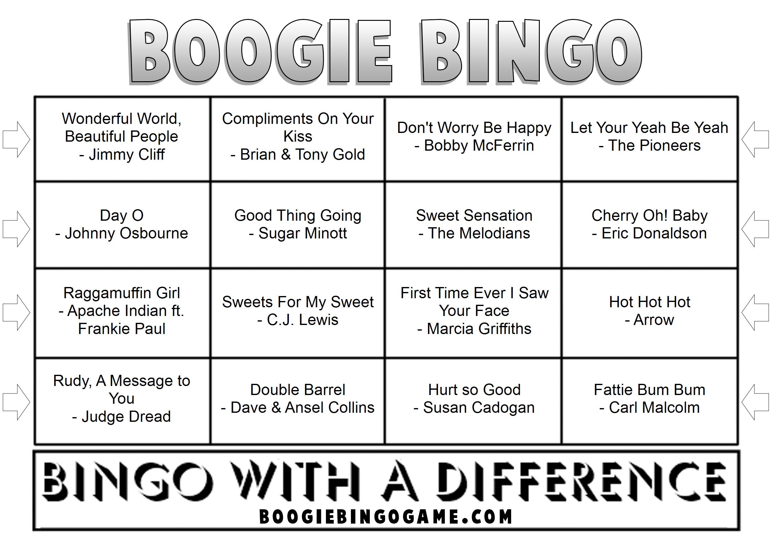 Game 132 | Reggae Hits | Boogie Bingo | Printable Music Bingo Tickets