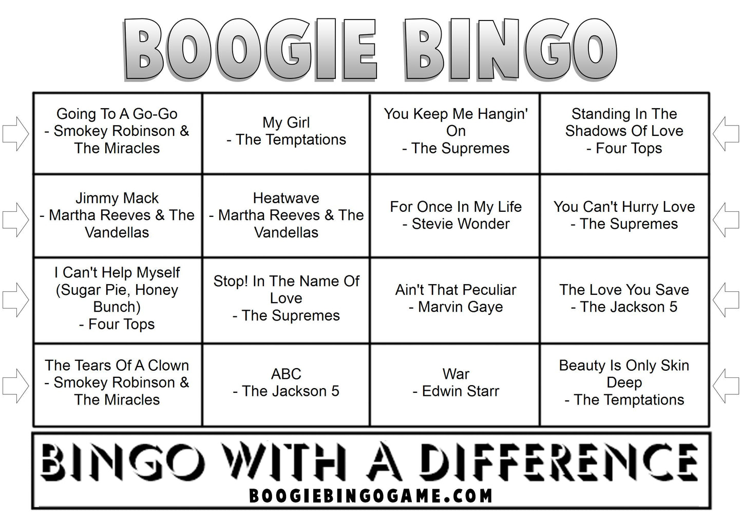 Game 117 | Motown Madness | Boogie Bingo | Printable Music Bingo Tickets