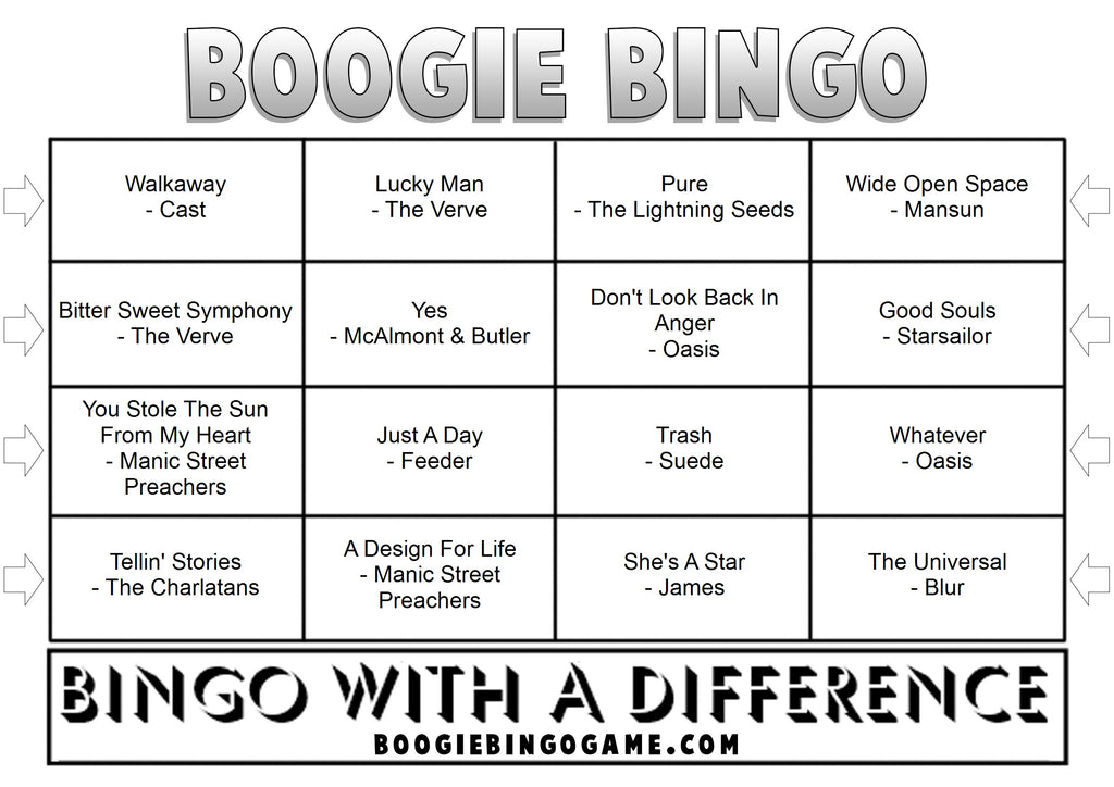 British Indie Anthems Music Bingo Sample Ticket