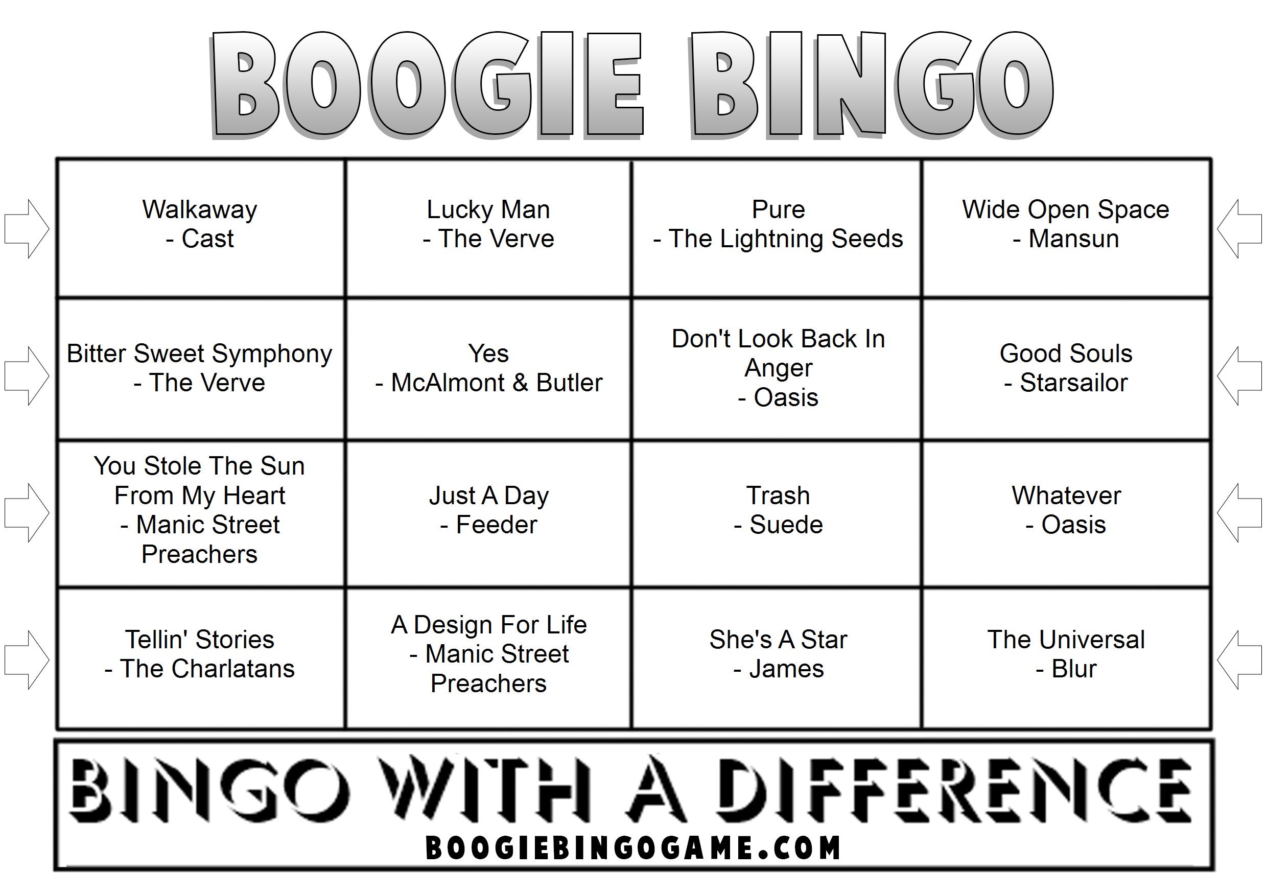 British Indie Anthems Music Bingo Sample Ticket