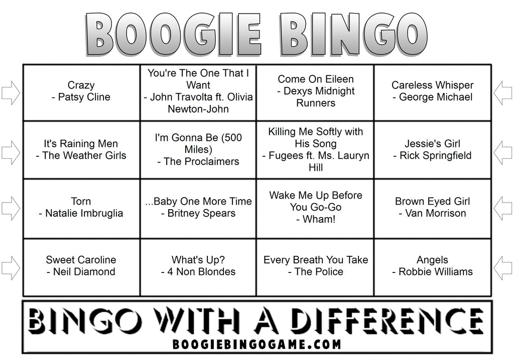 Game 158 Karaoke Favourites Music Bingo - Sample Ticket with 16 songs