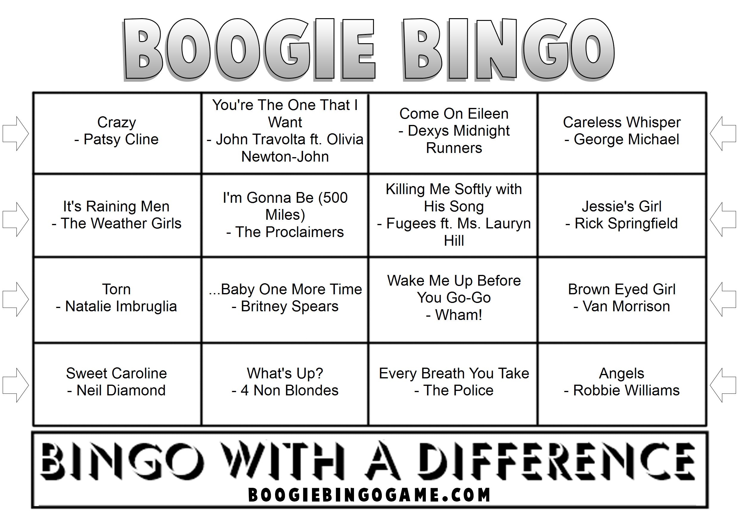 Game 158 Karaoke Favourites Music Bingo - Sample Ticket with 16 songs