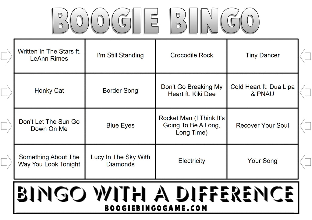 Example Elton John music bingo card with classic hits