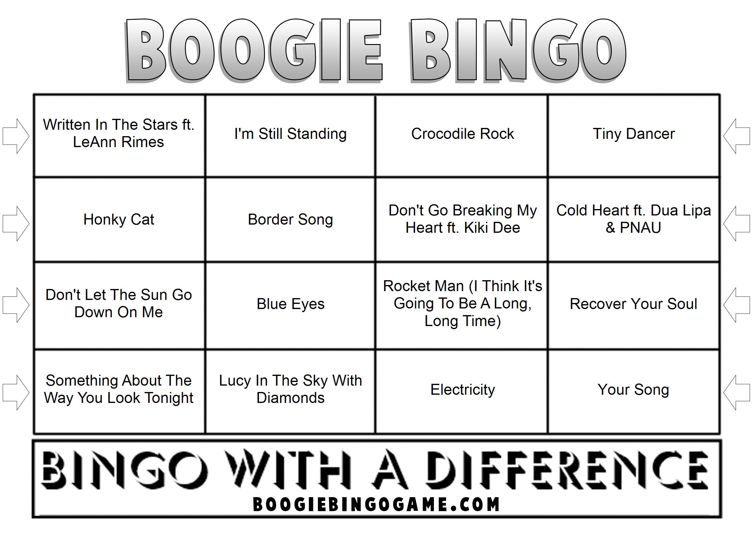 Example Elton John music bingo card with classic hits