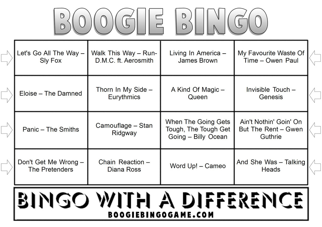 Hits of 1986 Sample Music Bingo Ticket