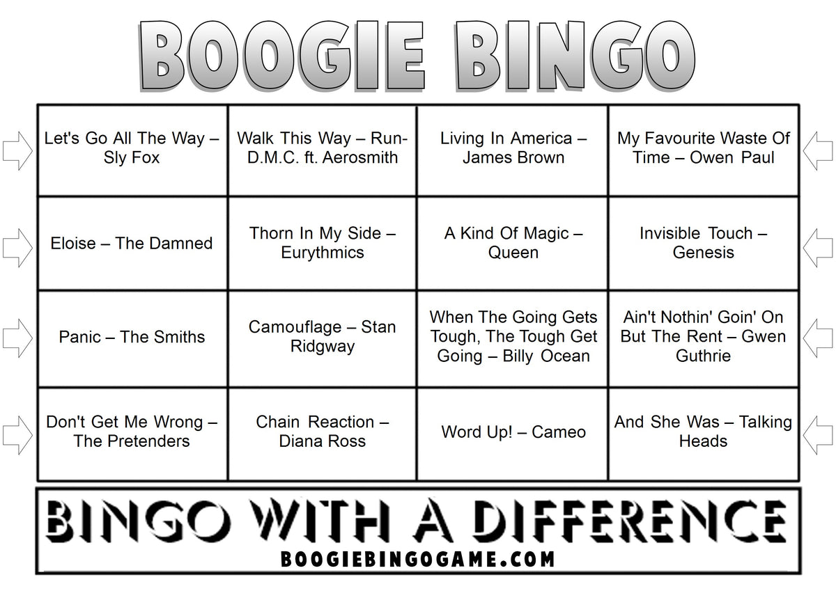 Hits of 1986 Sample Music Bingo Ticket
