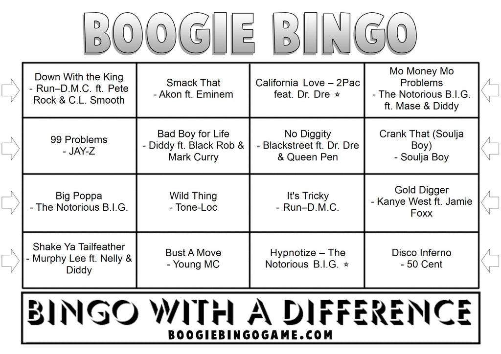 Hip Hop Classics Sample Music Bingo Ticket