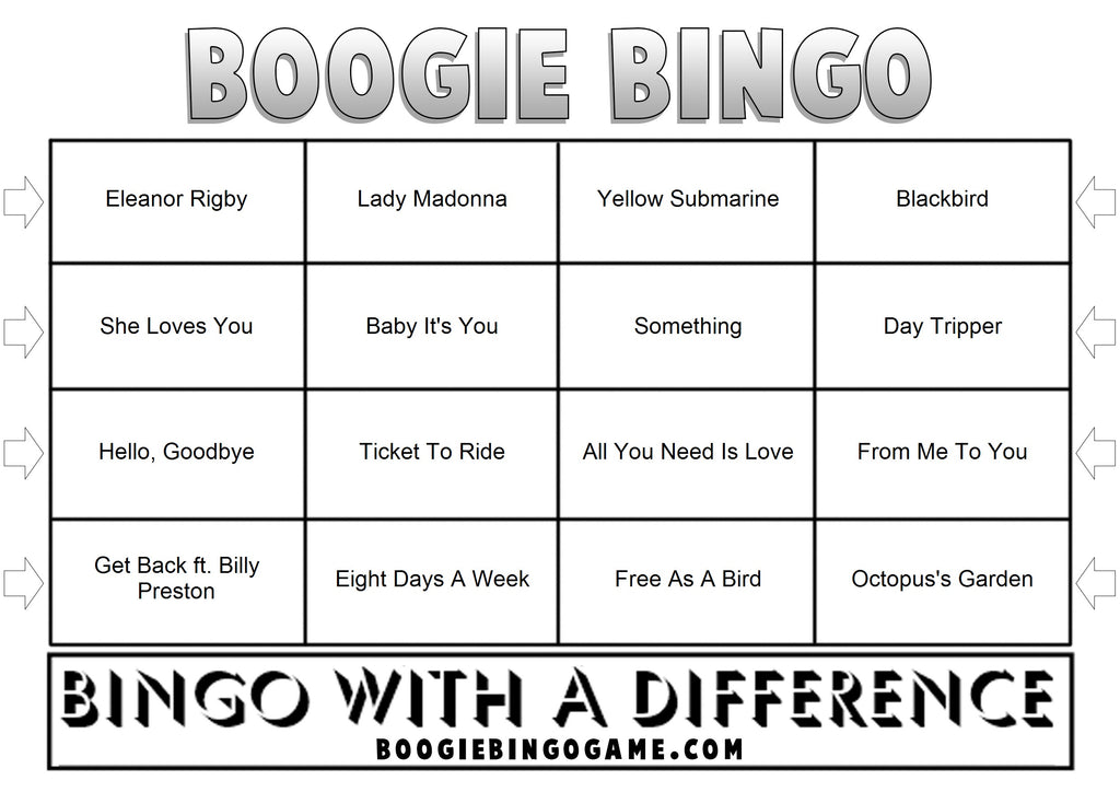 Beatles tribute music bingo card with 48 legendary songs