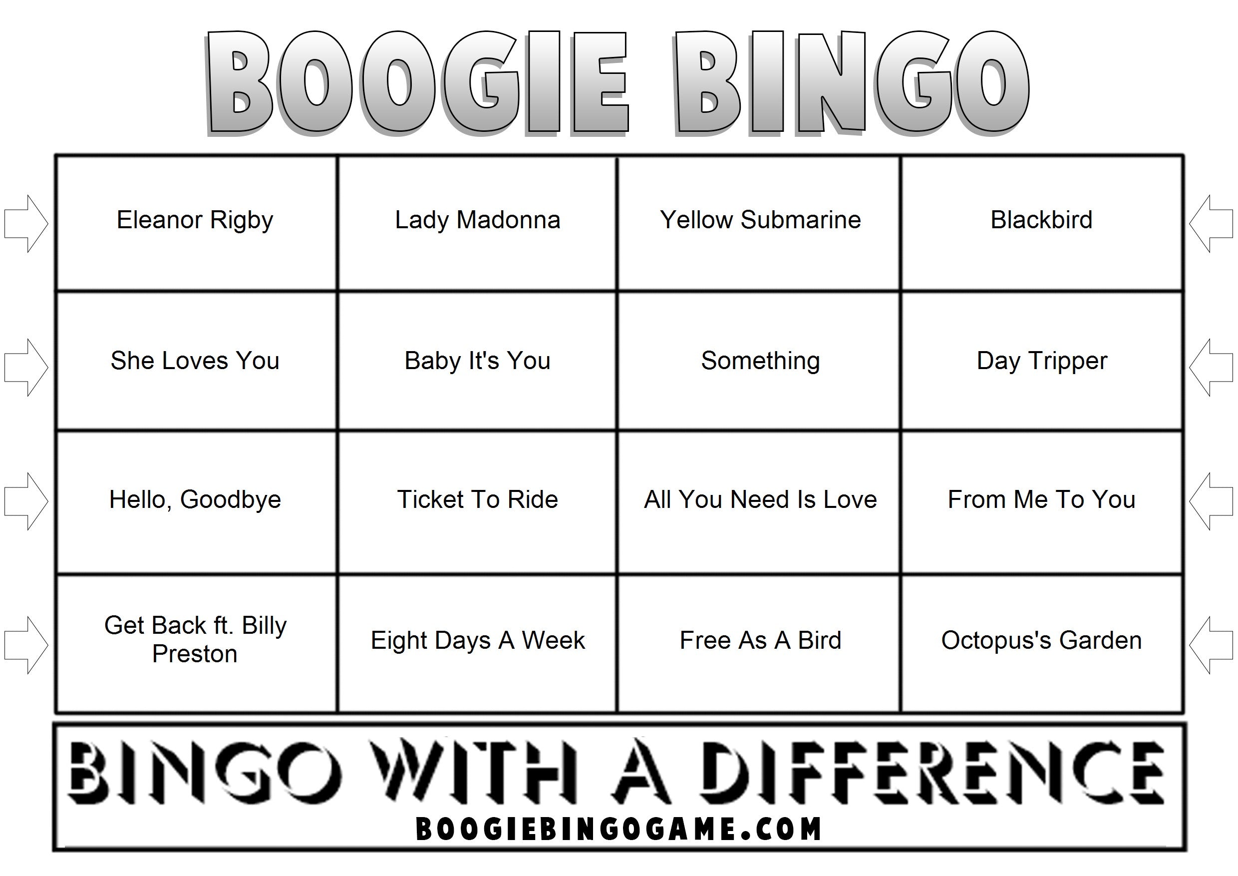 Beatles tribute music bingo card with 48 legendary songs