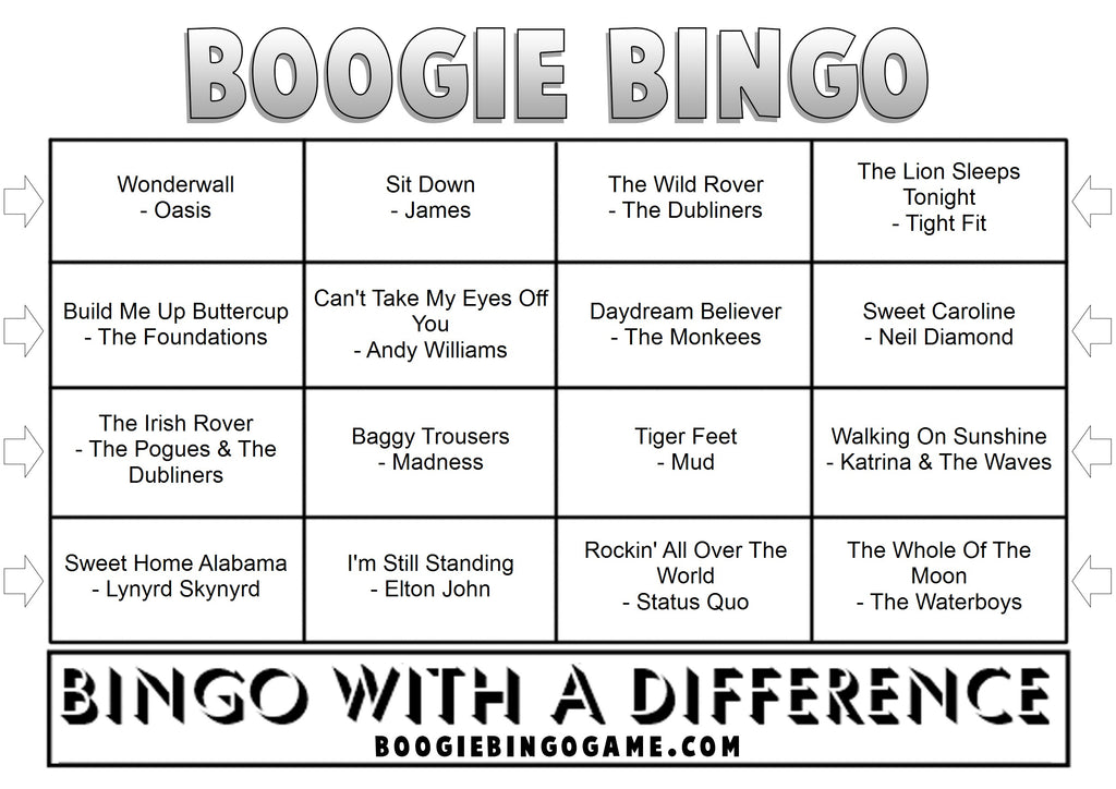 Pub Singalong Classics Music Bingo Ticket Sample