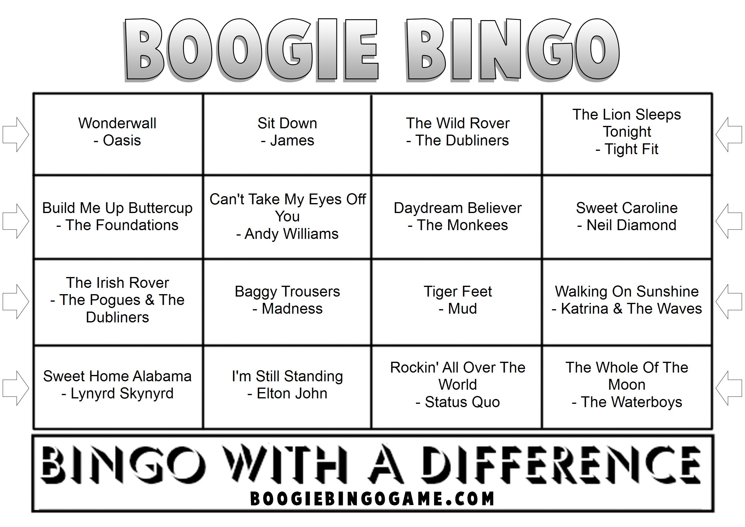 Pub Singalong Classics Music Bingo Ticket Sample
