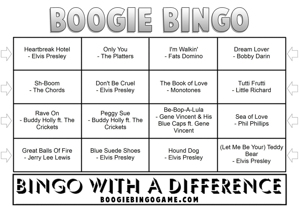 Printable 50s rock and roll music bingo cards with 48 classic hits including Elvis Presley and Chuck Berry