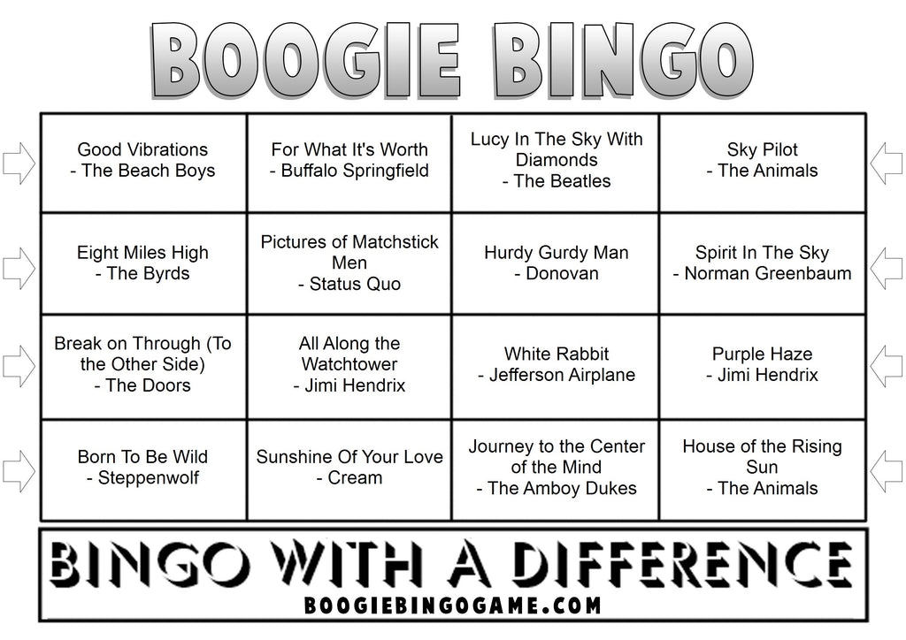 60s Psychedelic Hits music bingo game with printable tickets featuring Purple Haze and Lucy In The Sky With Diamonds