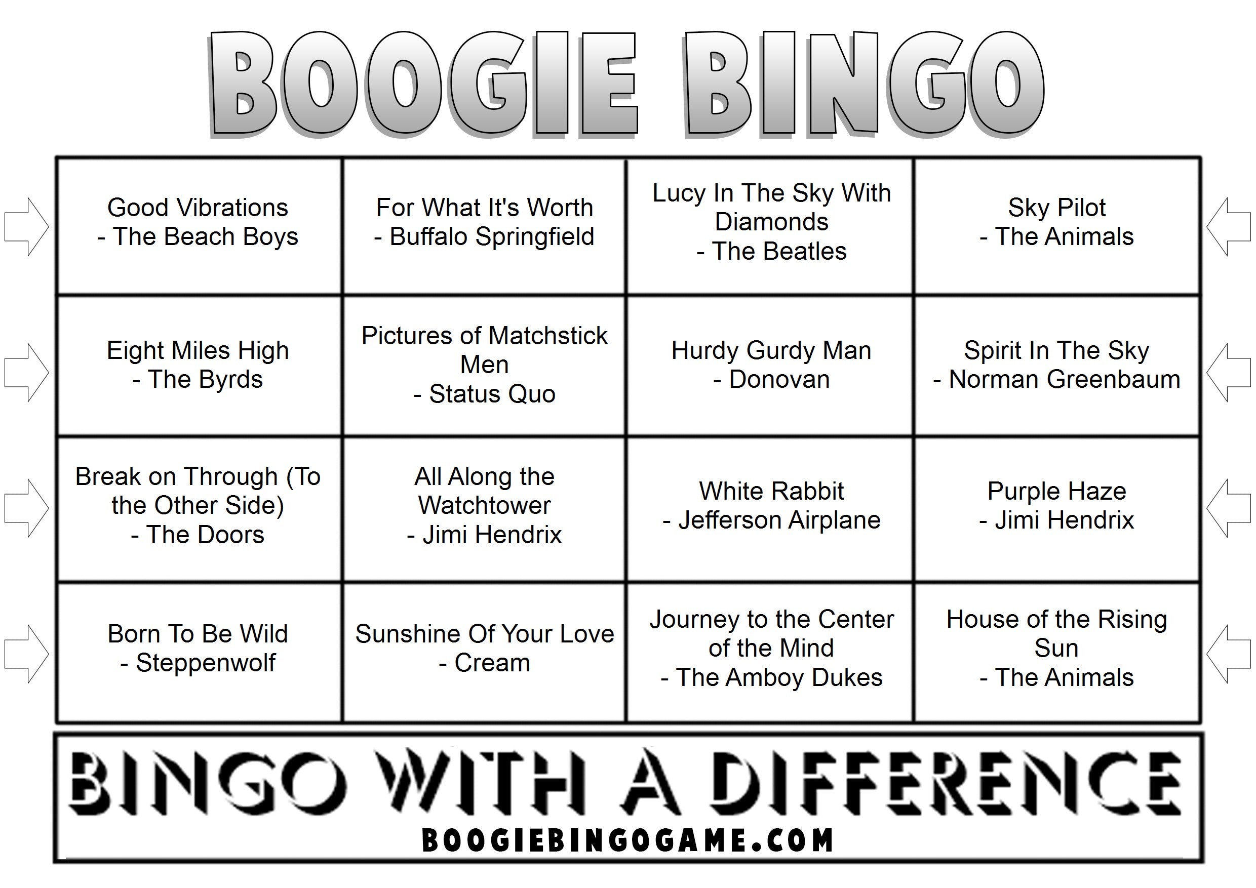 60s Psychedelic Hits music bingo game with printable tickets featuring Purple Haze and Lucy In The Sky With Diamonds