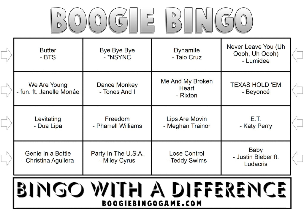 Game 144 | Teen Pop Anthems | Boogie Bingo | Printable Music Bingo Tickets