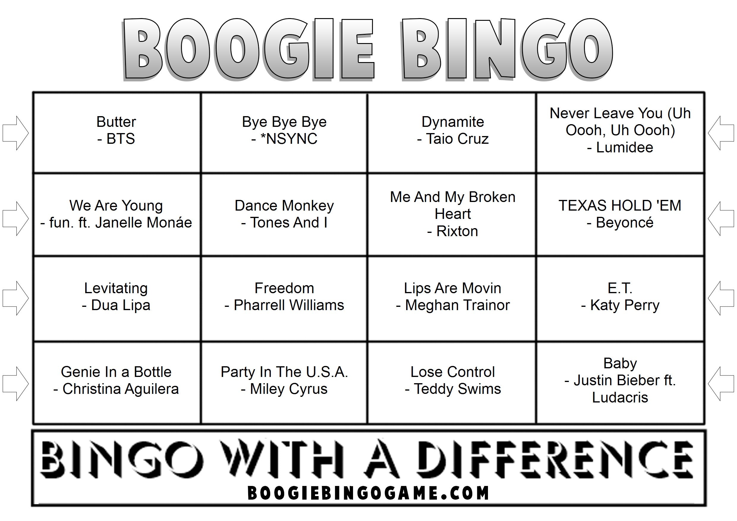 Game 144 | Teen Pop Anthems | Boogie Bingo | Printable Music Bingo Tickets