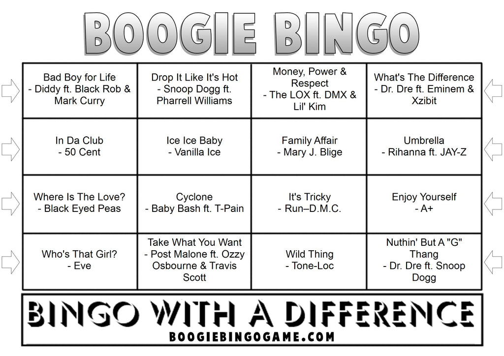 Game 133 | Hip Hop Classics | Boogie Bingo | Printable Music Bingo Tickets